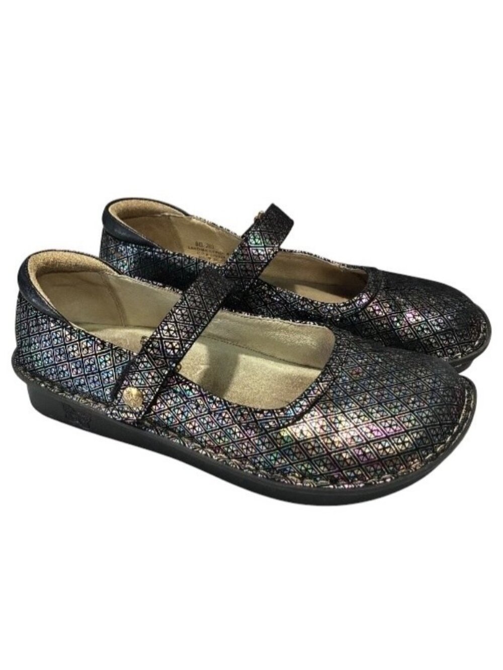 ALEGRIA Black Rainbow Iridescent Belle Diamond Print Mary Jane Clogs Size 7-7.5